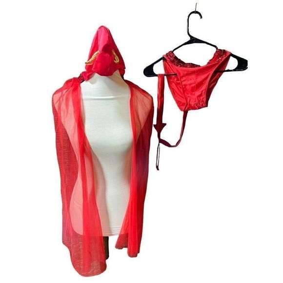 She Devil Sheer Cape with Sequined choker neck and hood with Gold Horns& Red pai - Picture 5 of 14